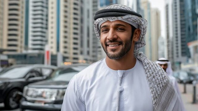 Arabian Gents in City: A sophisticated gentleman in traditional attire smiles warmly against a backdrop of a modern cityscape, capturing the essence of cultural elegance and urban life.