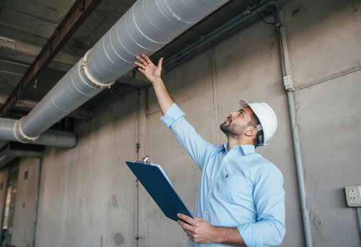 Confident construction engineer in hard hat inspecting industrial pipes indoors, holding a clipboard, demonstrating professional assessment, project management, and safety protocols in a building stru