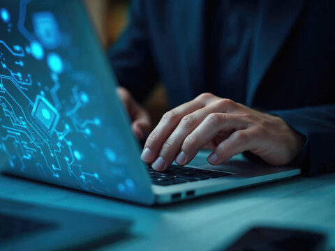 Glowing digital circuits illuminate a modern laptop screen, showcasing advanced technology and data processing through intricate system interaction.