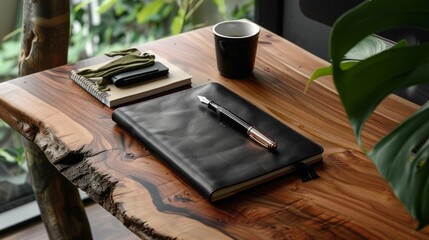 Elegant workspace featuring a black leather journal, fountain pen, coffee mug, and greenery on a rustic wooden desk surface showcasing sophistication.