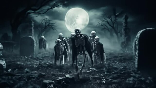 Screaming skeleton skulls form a scary Halloween background with a scary atmosphere in a scary night. 4k videos