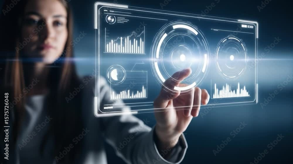 Poster woman interacting with futuristic touchscreen display showing data visualization