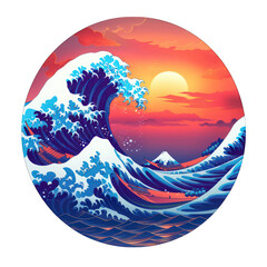Lake Michigan wave icon with sunset hues, isolated object, crisp shadows