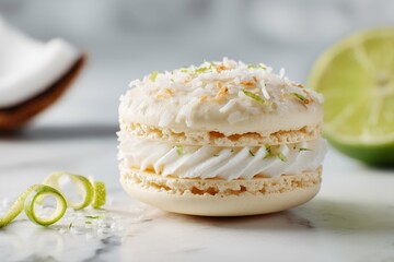A close up shot of a coconut lime macaron with coconut flakes and lime zest on a marble surface