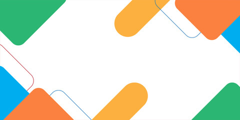 Modern geometric abstract background with overlapping rounded rectangles in vibrant orange, blue, and green tones