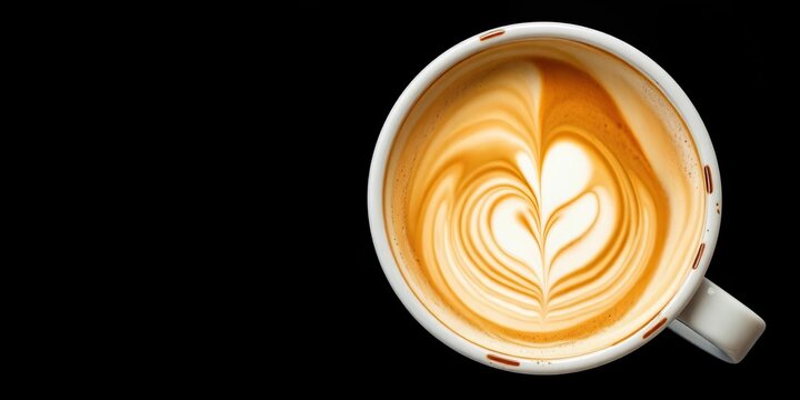 Swirling latte art in ceramic cup, dark background,  close up,  morning