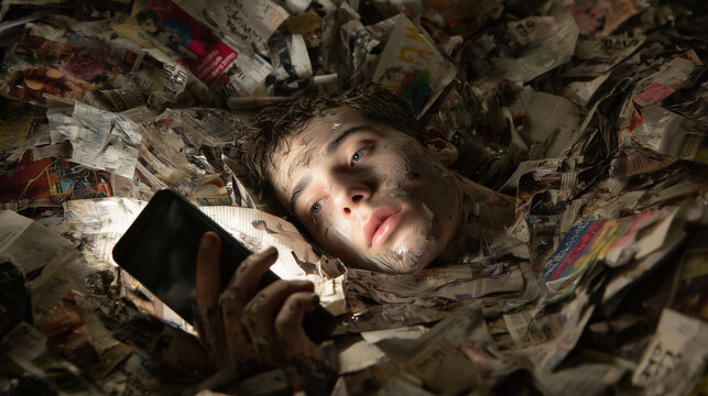 Man buried in newspapers staring at a smartphone, symbolizing information overload and media saturation