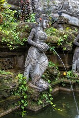 Balinese statue of a woman pouring water from a vessel, surrounded by lush greenery. This fountain is a traditional element of Balinese gardens in Ubud, Bali, Indonesia