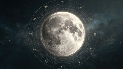 Full moon surrounded by zodiac signs in a starry night sky