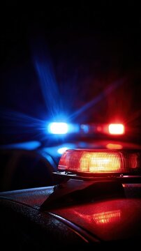Police car with flashing siren lights. Law enforcement chase malefactor. Road police with red and blue flashing lights