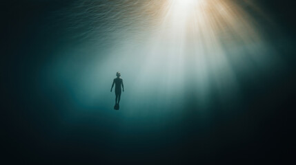 Diver floating toward sunlight in deep ocean waters