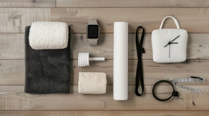 Organized Fitness Essentials: A Minimalist Still Life of Exercise Equipment and Accessories Displayed on a Wooden Surface with Neutral Colors and Clean Lines