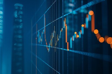 Abstract financial chart displays stock market trends with blue and orange lines on a dark background showing price fluctuations.