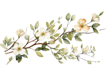 Watercolor of Tropical spring floral green leaves and flowers s isolated on transparent png background, bouquets greeting or wedding card decoration, with Generative Ai.	
