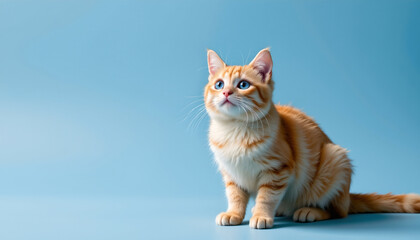 Adorable ginger cat portrait studio setting blue background close-up view