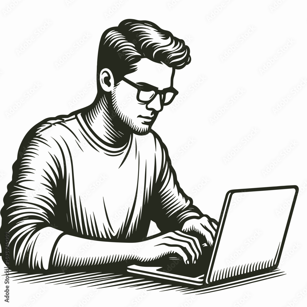 Fototapete A American Developer typing on laptop. Career Job Profession Occupation Employment Work Clipart Line Art Vector Illustration. United states coder working portable computer at workstation.