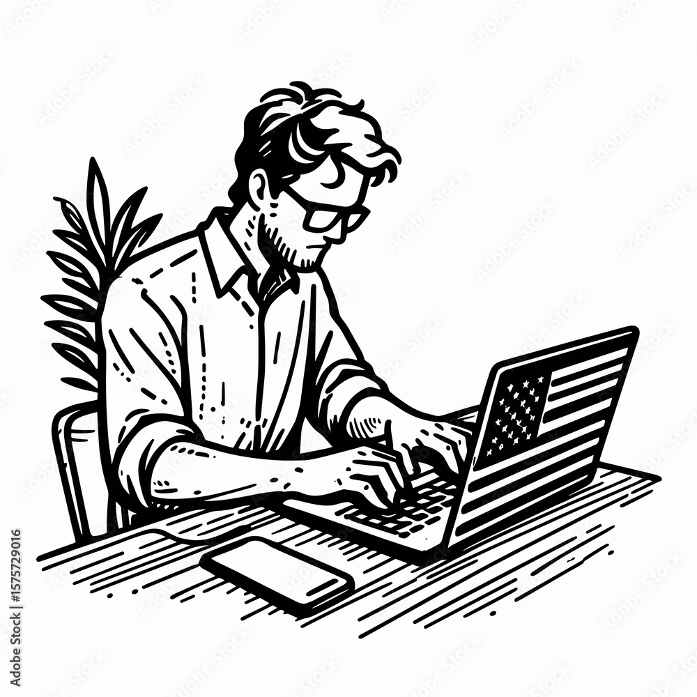 Fototapete A American Developer typing on laptop. Career Job Profession Occupation Employment Work Clipart Line Art Vector Illustration. United states coder using notebook computer for program writing.