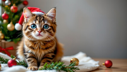 Cute kitten with Christmas tree and decorations