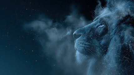 Night sky lion silhouette surrounded by cosmic elements and celestial patterns