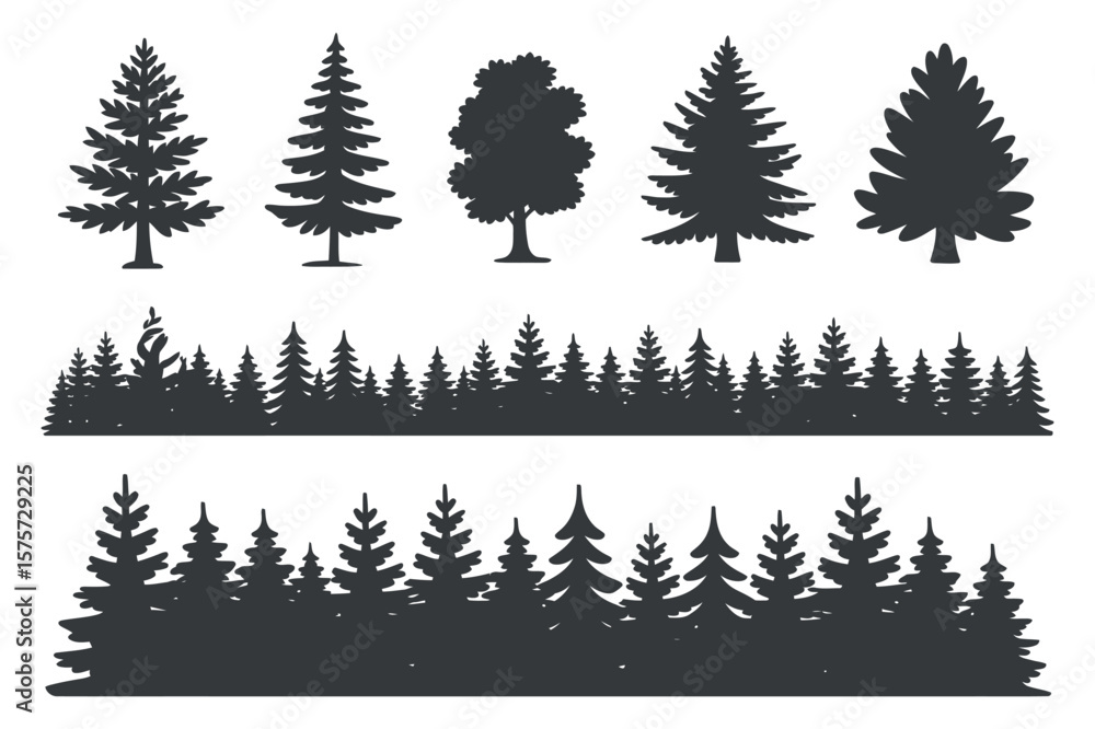 Aufkleber set of silhouette trees and forest borders evergreen and deciduous trees isolated on white backgroun