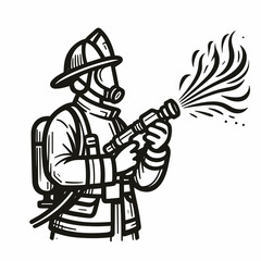 A American Firefighter spraying water flame. Career Job Profession Occupation Employment Work Clipart Line Art Vector Illustration. United states rescuer using hose to extinguish.
