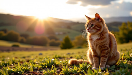 Feline adventures in nature scenic landscape golden hour peaceful environment