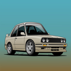 Vector illustration of a retro two-door coupe in beige with sporty rims, perfect for car enthusiasts and vintage automotive designs