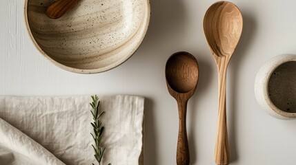 Rustic kitchenware composition showcases a speckled bowl, wooden spoons, linen towel, and rosemary sprig on a clean white surface, creating a peaceful ambiance.
