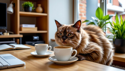 Adorable cat sipping coffee amid cozy decor at home 