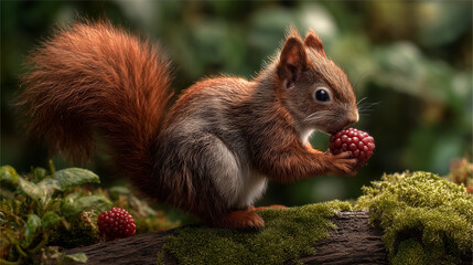 Red Squirrel with Raspberry: An adorable red squirrel with a bushy tail sits on a mossy log, delicately holding and enjoying a ripe raspberry.