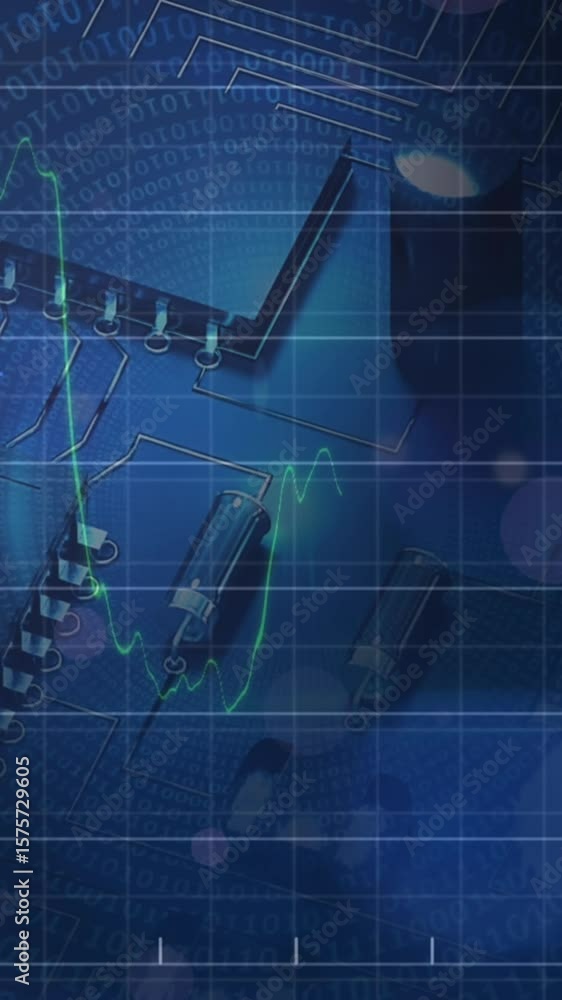 Poster animation of graphs and charts processing data over computer motherboard
