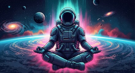 Obraz premium Cosmic Serenity: Astronaut Meditates Amidst Nebula and Galaxies