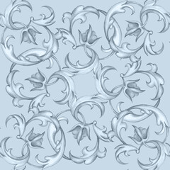 A light blue background features an elegant seamless pattern of swirling white and gray filigree, accented with soft pink floral forms. Ideal for sophisticated designs, print textile