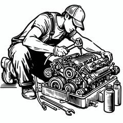 Obraz premium A American Mechanic fixing car engine. Career Job Profession Occupation Employment Work Clipart Line Art Vector Illustration. Usa auto technician repairing motor automotive service solution.