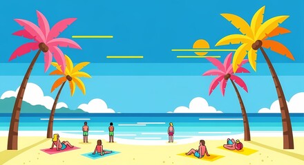 Obraz premium Colorful Beach Scene: Vector Illustration of Palm Trees, People, and Sun.