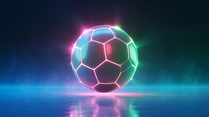 Fototapeta premium Futuristic Soccer Ball on Reflective Surface Lit with Neon Glow A Mesmerizing Display of Light and Technology