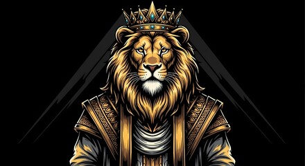 Majestic Golden Lion King with Crown, Regal Portrait on Black Background
