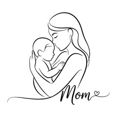 Elegant Line Art Illustration of a Mother Holding Her Baby with the Word Mom and a Heart Perfect for Mother s Day Designs