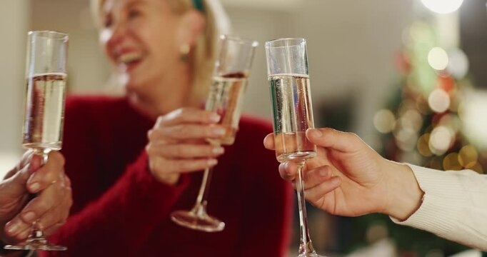 Champagne, cheers and family in home for christmas celebration, party or gathering together. Happy, toast and people in dining room with sparkling wine for xmas event in festive season at house.