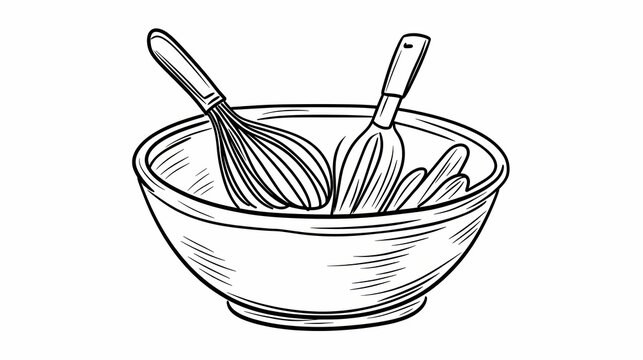 Hand drawn illustration of a mixing bowl with whisk and spatula.