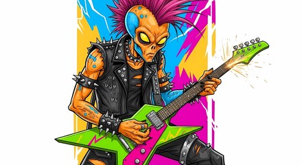 Alien Rock Star Shredding Electric Guitar with Punk Style and Colorful Background