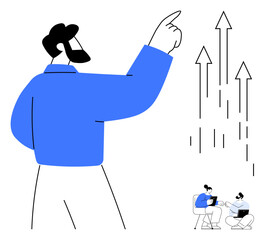 Professional pointing upward at growth arrows as team collaborates with laptops. Ideal for leadership, growth, teamwork, innovation, goal setting, business strategy, mentorship. Simple flat metaphor