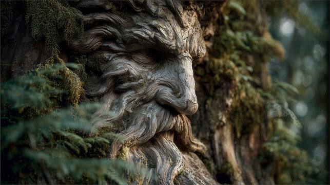 Wise Old Man's Face Naturally Formed in the Bark of an Ancient Tree with Moss. Spirit of the Forest.
