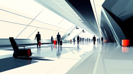 Modern airport terminal interior with people traveling.