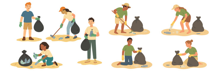 People participating in a community cleanup event on a sandy beach during a sunny afternoon