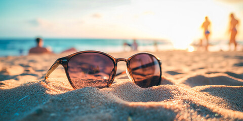 close-up of sunglasses on beach sand at sunset, with people enjoying a warm summer day near the sea in the background - summer vacation concept