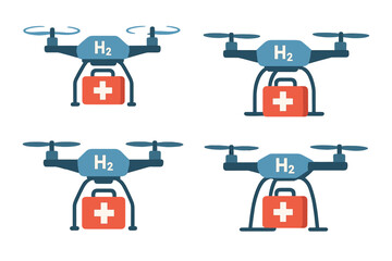 Drones equipped with medical supplies ready for emergency delivery in various orientations