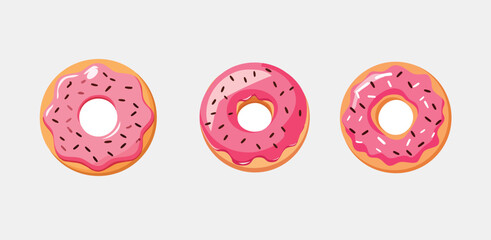 Three Cartoon Donuts with Pink Frosting and Sprinkles on White, Flat Vector