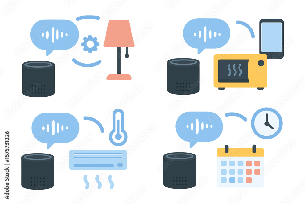 Poster smart home devices interact with voice commands for everyday tasks and convenience in modern living 