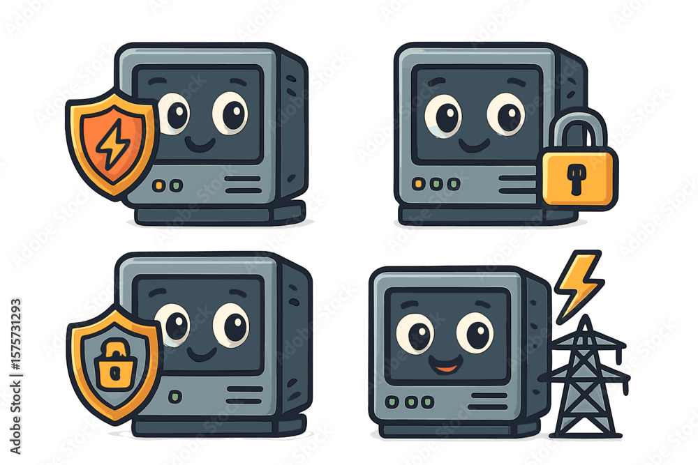 Poster cute cartoon computer characters showcasing security features and power connections in a playful des